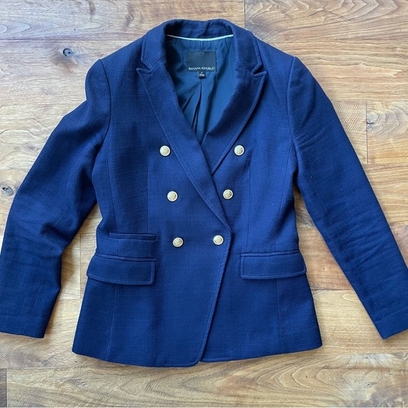 Banana Republic Navy Blue Double Breasted Cotton Blazer with Gold Buttons size 4 - Picture 5 of 14